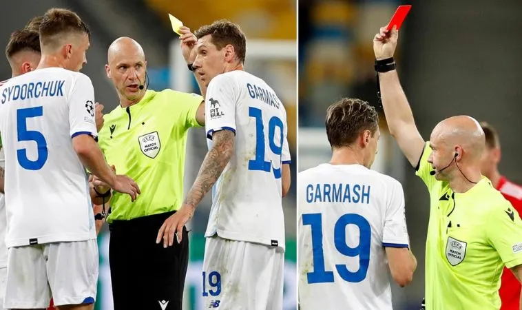 Trọng tài Anthony Taylor đã rút nhầm thẻ đỏ cho Denys Garmash của Dynamo Kyiv Trọng tài Anthony Taylor đã rút nhầm thẻ đỏ cho Denys Garmash của Dynamo Kyiv